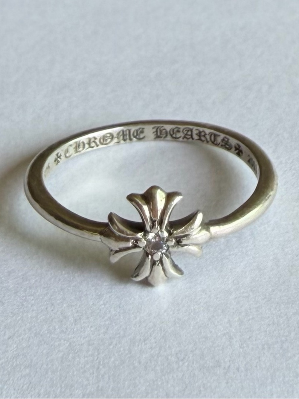 Chrome Hearts Silver Floral Cross Ring with Clear Center Stone